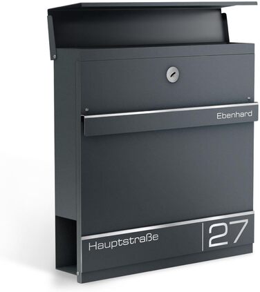 Поштова скринька Metzler Hermann Anthrazit RAL 7016 з газетницею та номерним знаком – персоналізована лазерним гравіюванням. Сучасна водонепроникна та антикорозійна поштова скринька