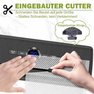 Вакуумний пакувальник KLGFI 7-в-1: професійний апарат для пакування продуктів з подвійною зварювальною швом, з нарізкою та цифровим лічильником. У комплекті 50 вакуумних пакетів. Чорний колір.