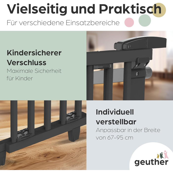 Безпечне ворота Geuther Oris для дитячого захисту на сходах | Дерев'яне ворота з дверцятами, ширина 67-95 см, чорний колір, з кріпленнями для поручнів