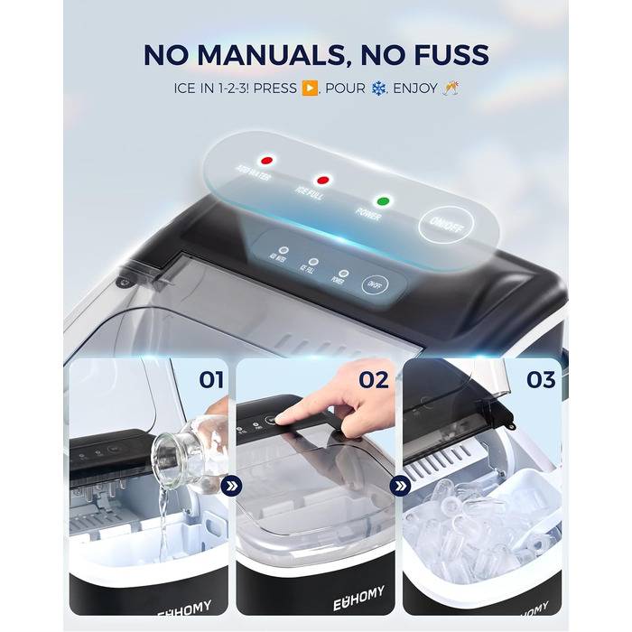 EUHOMY Ice Maker - портативний льодогенератор для дому, кухні, кемпінгу, RV. Швидке приготування (9 кубиків за 6 хв), 12 кг на день, самоочищення, з кошиком та лопаткою.