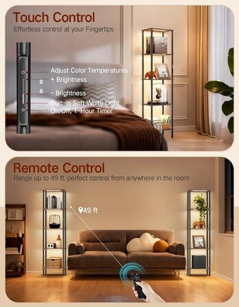 Стійка лампа з полицею, LED, регулювання яскравості, 3 колірні температури, сенсорне та дистанційне керування, полиця для книг, дерев'яна стійка, сучасний дизайн для вітальні, спальні, офісу (Rustic Brown)