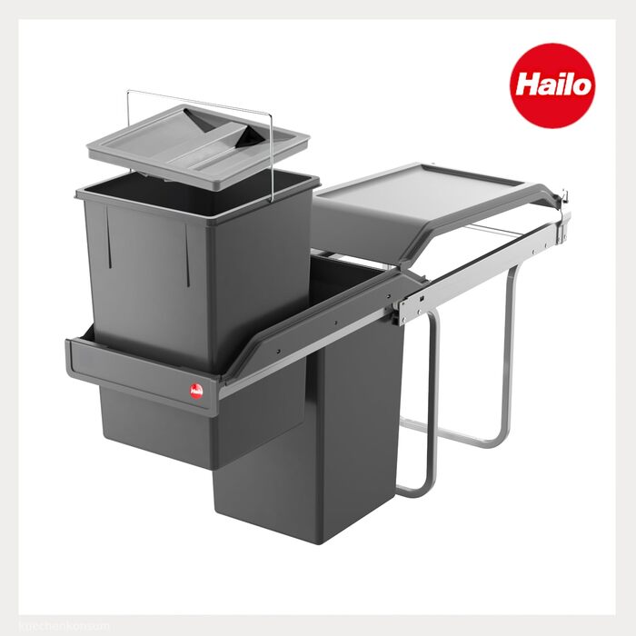 Відро для сміття Hailo Tandem 3650103 | Вбудований контейнер для сміття 2 секції, 50 мішків, для шаф від 300 мм, зручний висувний механізм, срібно-антрацитовий колір