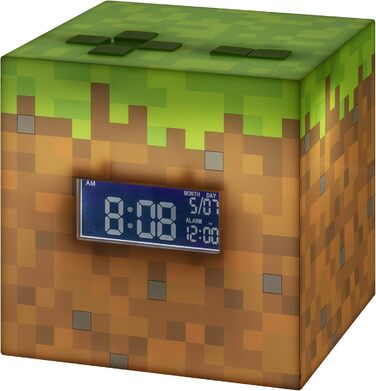 Будильник Minecraft Grasblock: офіційно ліцензований, з підсвіткою, відтворює музику з гри, декор для кімнати геймера Minecraft, 13 x 13 см, зелений