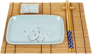 Набір для суші Exzact (10 шт.) – 2 тарілки, 2 миски для соусу, 2 підставки під столові прилади, 2 пари паличок для їжі – високоякісний фарфор, у подарунковій коробці – блакитний колір