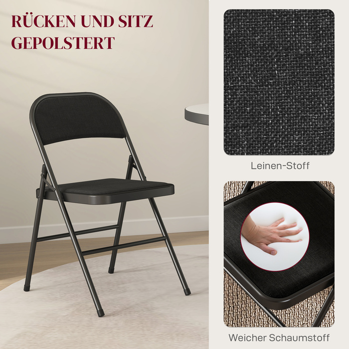 HOMCOM 4-Piece Folding Chair Set, Portable Office Chair with Cushion, Linen-Look, Steel Legs, Folding Chair for Office Reception Waiting Room, Black | Aosom
