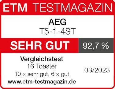 Тостер AEG T5-1-4ST Deli 5 з 7 режимами, таймером, функціями стоп, розморожування, підігріву, автоматичним центруванням, корпусом Cool-Touch, широкими слотами, піддоном для крихт, нержавіюча сталь