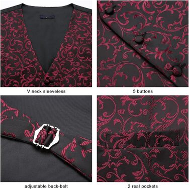 Костюмний жилет для чоловіків Enlision на весілля з павальовим візерунком, краватка та нагрудна хустинка. Чорно-вишневий, XL