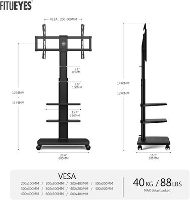 FITUEYES Rolling TV Stand with 3 Shelves - Adjustable Height & Swivel - Fits 32-70 Inch TVs (up to 40kg) - VESA 400x600 - White/Black