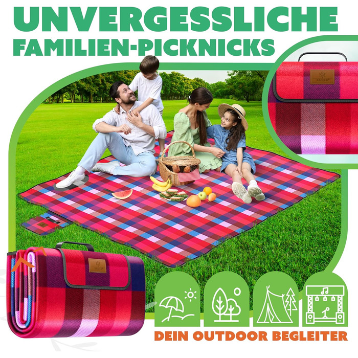 Плед для пікніка KESSER XXL 200x200 см, водонепроникний, з ручкою, червоно-бірюзовий. Плед для кемпінгу, пляжу на 4-6 осіб