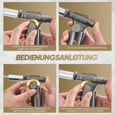 Професійний газовий пальник-фламбе SAKER для кулінарних страв та DIY: бутановий пальник з п'єзорозпалом для крем-брюле, паяння та рукодія, сріблястий