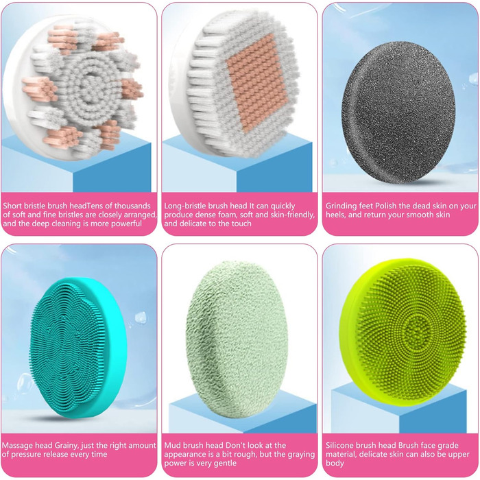 6-in-1 Electric Back Brush, Shower Brush with 6 Multifunctional Cleaning Heads, Body Brush 360° Rotation, IPX7 Waterproof 3 Speed Spin Cleaning Brush for Men Women (Pink)