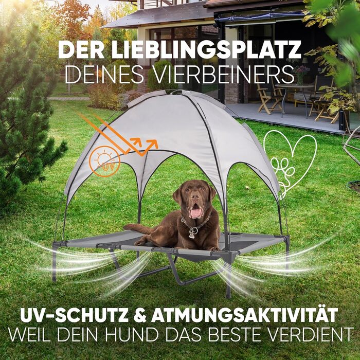 Підвищене лежання для собак з дахом, для саду та вулиці, XL, 122x91x23/114 см, сірий