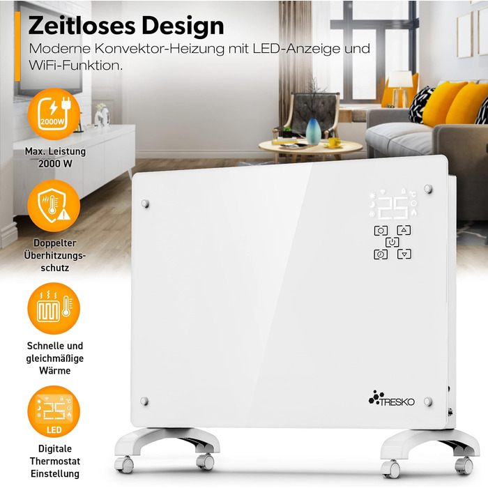 Конвектор TRESKO® 2000W з Wi-Fi, LED-дисплеєм та таймером | Електрична скляна панель опалення | Білий | 2000 Вт