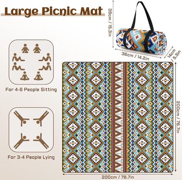 Килимок для пікніка SOMLAW вологостійкий, великий (200x200 см) для 4-6 осіб, з ручкою, Boho стиль, ідеальний для кемпінгу та пляжу