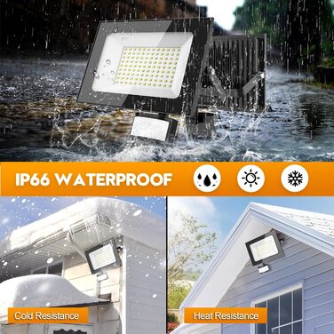 papasbox 2-Piece 100W LED Floodlights with Motion Sensor and Light Sensor | Outdoor Floodlights/Spotlights with Remote Control | 6500K Cold White IP66 Waterproof Floodlight for Garden, Garage, Sports Field