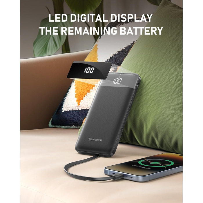 Powerbank Charmast 10000mAh з 4 кабелями, 6 виходами та 3 входами. Сумісний з iPhone, iPad, Samsung. Чорний