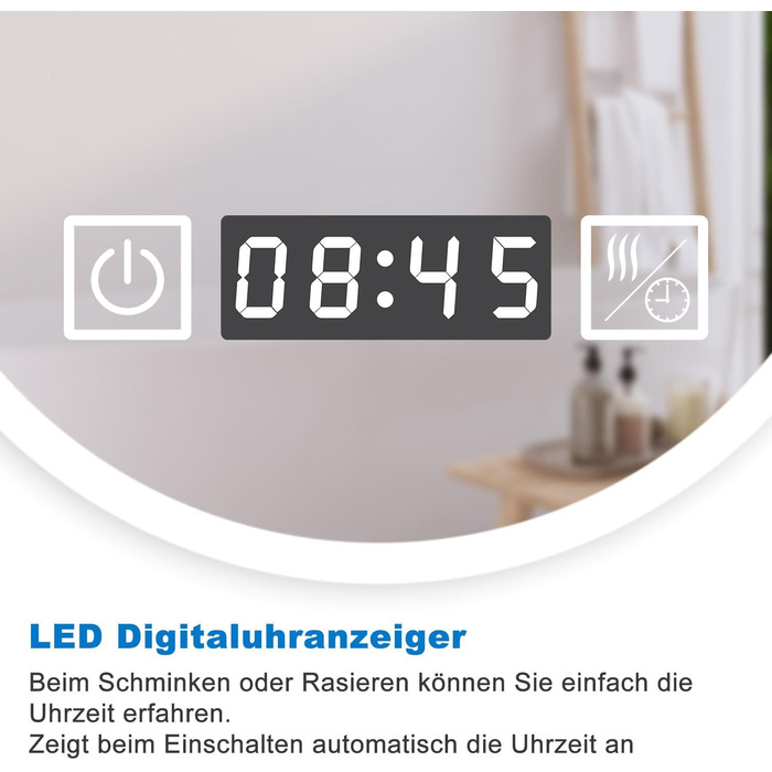 Дзеркало для ванної кімнати з підсвічуванням, 3 кольори, регулювання яскравості, пам'ять, 70x50 см, LED, годинник, антизапотівання, енергозбереження