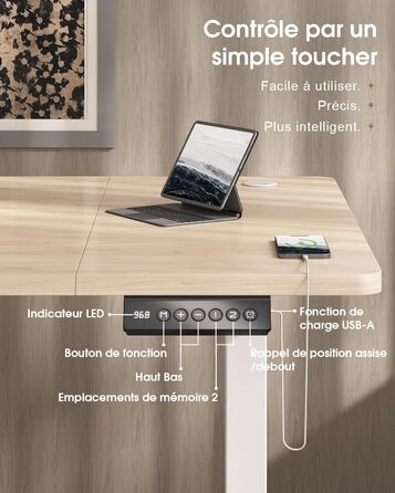 Регульований стіл Devoko 160x80 см з ящиками, USB-порт, органайзер для кабелів, стіл для комп'ютера з 3 функціями пам'яті, білий