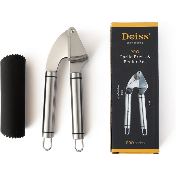 Набір для часнику Deiss PRO: прес-часникодавна та силіконова очищувачка з нержавіючої сталі, придатна для посудомийної машини