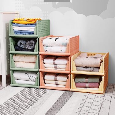 4 Pack Stackable Folding Closet Storage Box Organizer (Easy Open and Fold), Plastic Closet Shelves Storage Box Organizer, Bedroom, Kitchen (Multicolor)