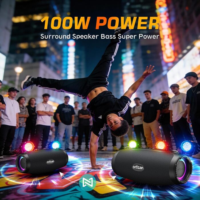 Ortizan Bluetooth колонка портативна 80 Вт, чорна: Водонепроникна IPX7, LED-підсвітка, Power Bank, до 12 год. роботи, Extra Bass