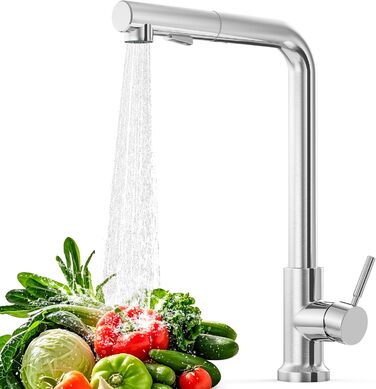 Змішувач кухонний висувний з душем, 360° поворотний, 2 режими розпилення, високий тиск, нержавіюча сталь (срібло)
