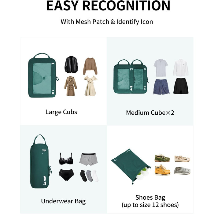 ECOHUB Набір органайзерів для валізи (5 шт.) - Компресійні куби для пакування, темно-зелений