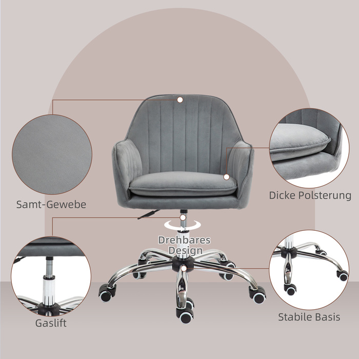 HOMCOM Adjustable Height Desk Chair Swivel Office Chair Rotating Home Office Chair with Back and Armrests Velvet-Look Vanity Chair for Study Room, Grey | Aosom