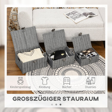 HOMCOM Storage Boxes 3-Piece Set with Lid & Buckles 18L 12L 7L for Living Room Gray
