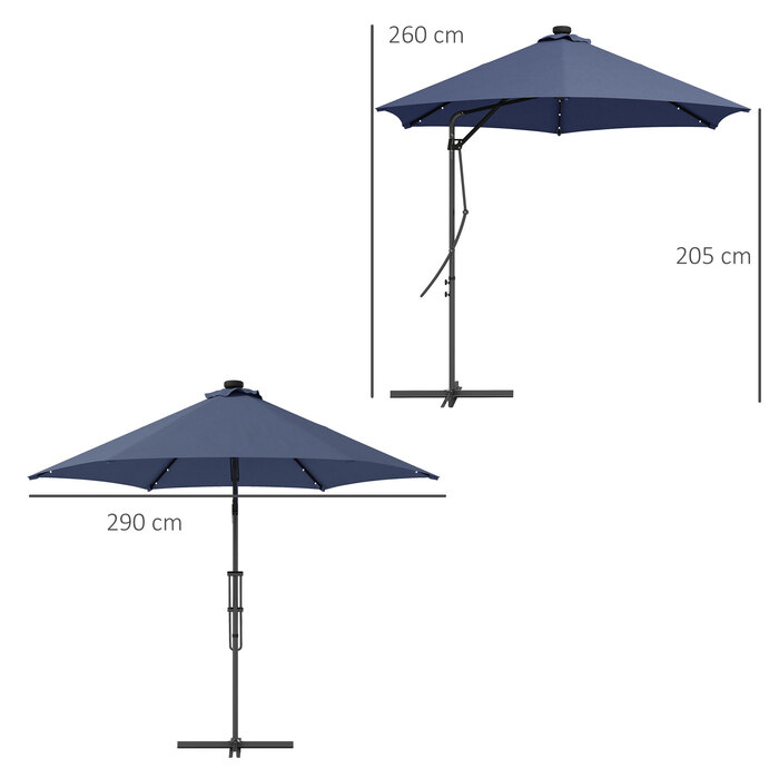 Outsunny Solar Patio Umbrella with LED, Ø290x260 cm, including cross base 55-60kg, UV protection, hand crank & protective cover, polyester, dark blue