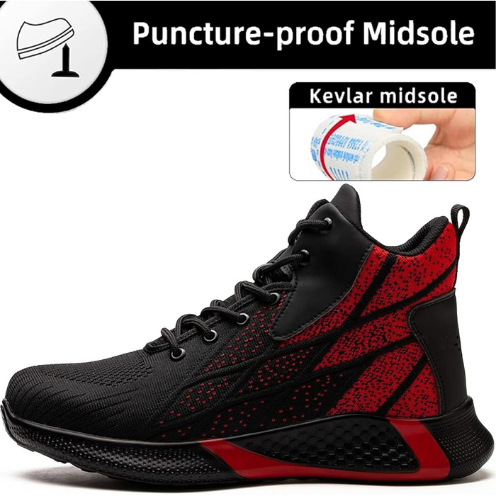 Черевики безпеки легкі чоловічі/жіночі, робоче взуття, високі, зі сталевим носком, дихаючі, антиковзаючі, 35-48 EU (35 EU, Червоний)