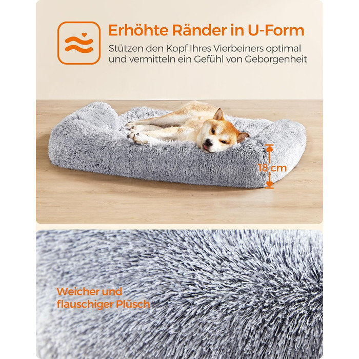 Ліжко для собак Feandrea FluffyHug, м'яка подушка-софа, захист дивану, XL, 110 x 95 x 18 см, сірий Ombré