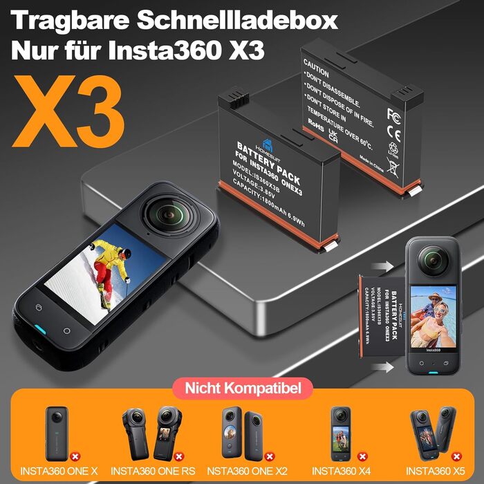 Акумулятор Insta360 X3 1800mAh + USB LED зарядний пристрій (2 шт.) для екшн-камери