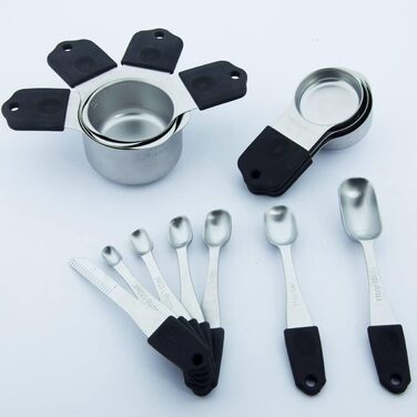 Magnetic kitchen collection of 14 measuring cups and spoons set made of stainless steel for dry and liquid ingredients, dishwasher safe, rust-proof, imperial and metric (black color)