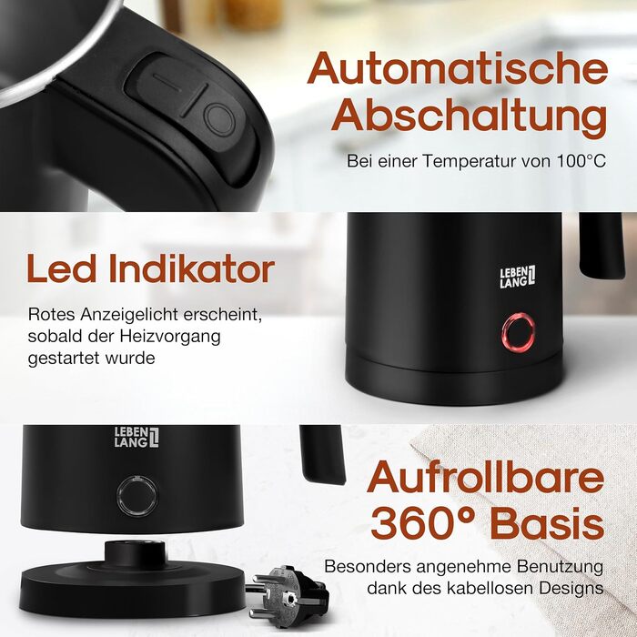 Електричний чайник для подорожей LEBENLANG Edelstahl 500 мл - нержавіюча сталь, BPA-Free, 600W, білий, енергоефективний, 0.5 л, для кемпінгу та подорожей (чорний)