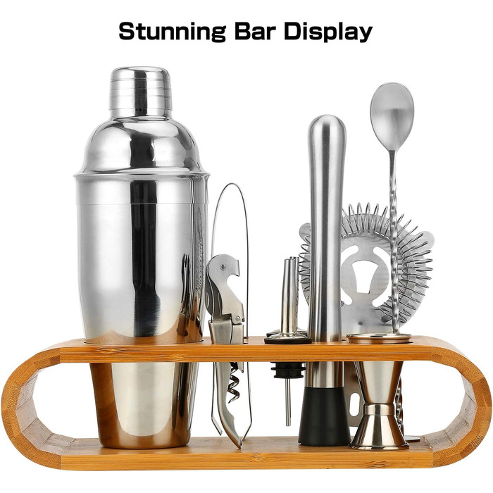 High-quality cocktail shaker set, cocktail mixing set, 10-piece, made of stainless steel, with bamboo storage, including cocktail shaker, jigger, strainer, muddler, bar spoon, ice tongs, bottle opener, and measuring tool.