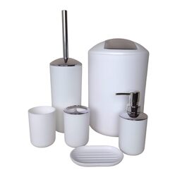Набір для ванної кімнати 6 предметів, аксесуари для ванної кімнати з пластику, білий колір: унітаз з йоржиком, відро для сміття, стакан для зубних щіток, дозатор для мила та мильничка