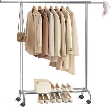 SONGMICS Clothes Rack with Wheels, Extendable Clothes Rod, Garment Rack Made of Steel Pipes, Elevated Storage Rod, 40 x (83-120) x 156 cm, Cloud White HSR134W01 (Silver)