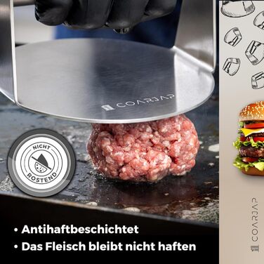 Пресс для смаш-бургерів COARJAP з нержавіючої сталі 304 - Burger Smasher з одного шматка, 60 папірців для бургерів, QR-код, безпечний для харчових продуктів, придатний для миття в посудомийній машині - для дому та професійної кухні
