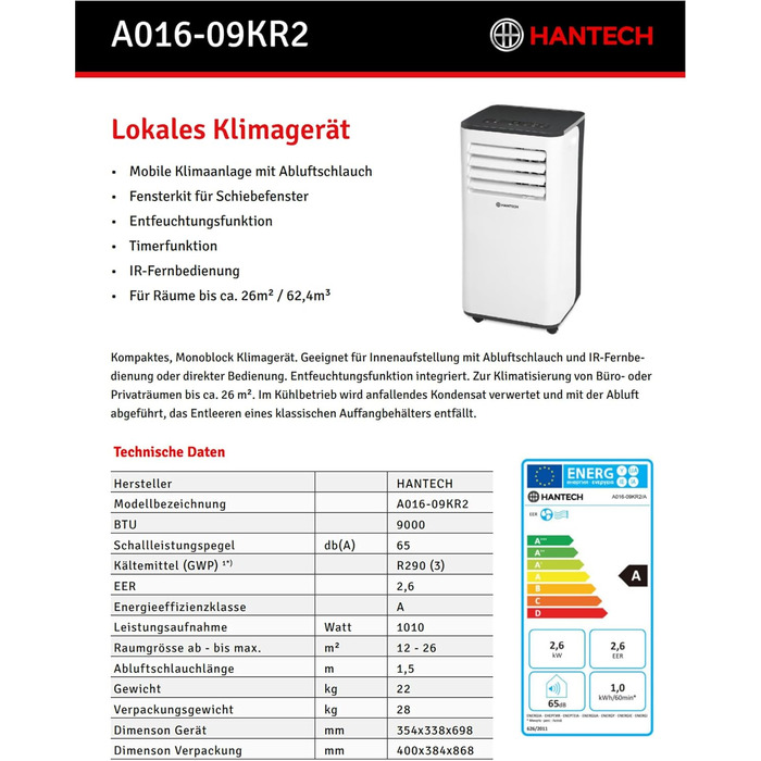 Мобільний кондиціонер HANTECH 9000 BTU | 3-в-1: охолодження, вентиляція, осушувач | Охолодження до 33 м² | З пультом керування та випускним шлангом