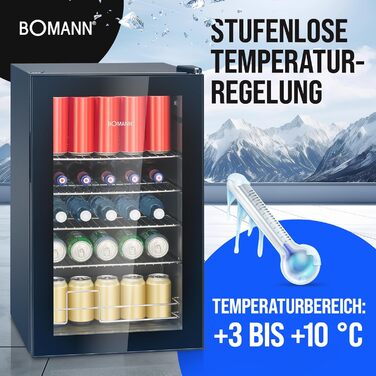 Холодильник для напоїв Bomann® KSG 7287, 63 літри, регулювання температури +3–10°C, з дверцятами зі скла, 4 полиці та LED-підсвічуванням, тихий, енергоефективний, компактний, для пляшок та банок, модель 2024