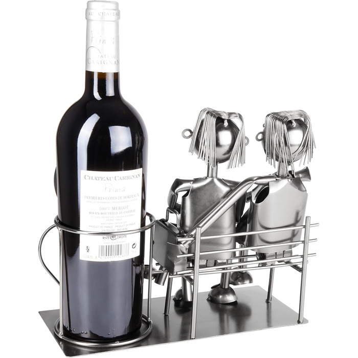 BRUBAKER Bottle Holder Men Loving Couple on Bench - Wine Bottle Holder Man + Man Silver - Bottle Stand Metal Figure Love - Metal Sculpture Gift for Married Couples with Gift Card