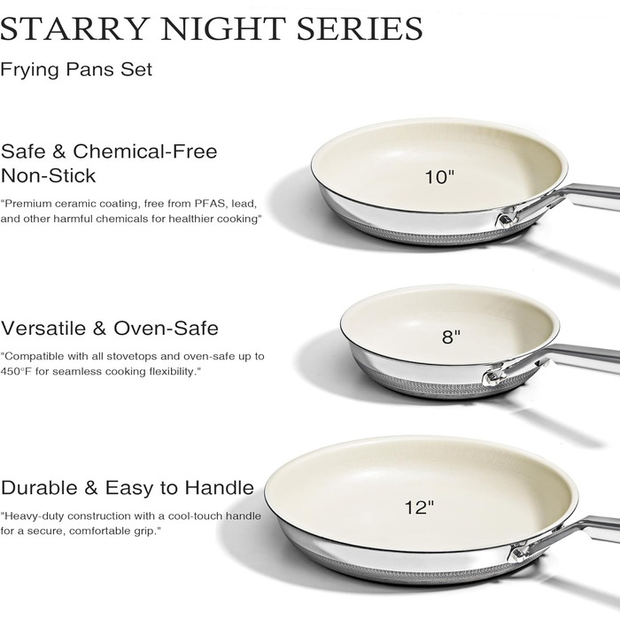 Набір антипригарних сковорідок Kitexpert Beige, титано-керамічне покриття, нержавіюча сталь, 3 шт. (20,3 см, 25,4 см)