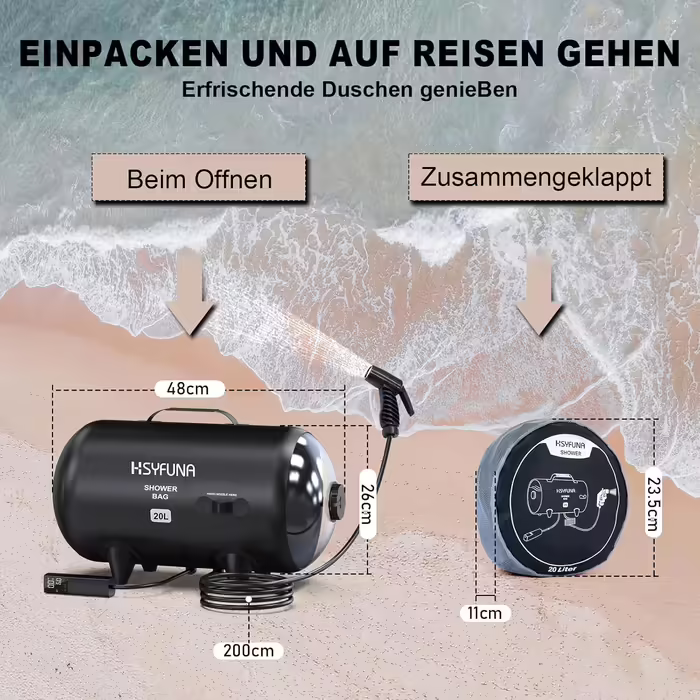 HSYFUNA Camping Shower Outdoor, 20L Camping Shower Bag, Large Water Flow, Hand Shower, Solar Shower, PVC Shower Bag, Portable Shower for Camping, Beaches, Backpacking (XL)