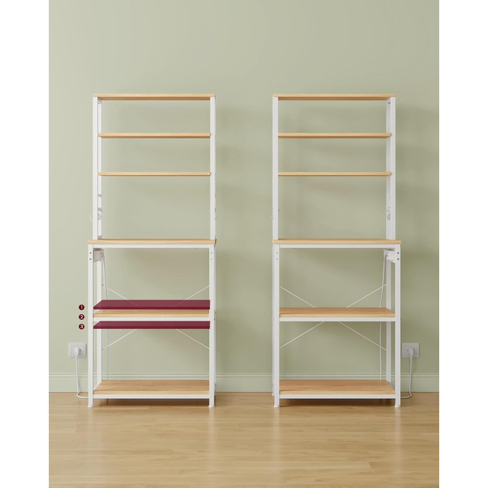 Стелаж кухонний VASAGLE з розетками, 6 полиць, гачки, сталевий каркас, 40x60x167 см, золотий дуб + білий, KKS124Y01 60B