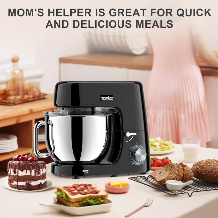 Кухонна машина-міксер 1800W з чашею 7.2L з нержавіючої сталі, 6 швидкостей, низький шум, мультифункціональна (міксер, гак для тіста, вінчик), з кришкою, чорний