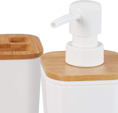 Набір аксесуарів для ванної Relaxdays (4 шт.), сучасний дизайн, зубний стакан, мильниця, дозатор мила, пластик & бамбук, білий, 17,5 x 7 x 7 см
