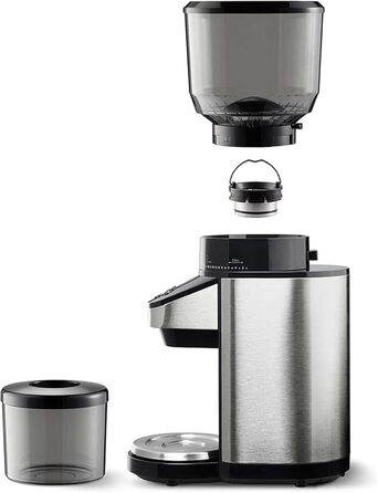 Електрична кавомолка Tchibo з вбудованими вагами, з нержавіючої сталі, конічні жорна, 26 ступенів помолу, чорно-срібна