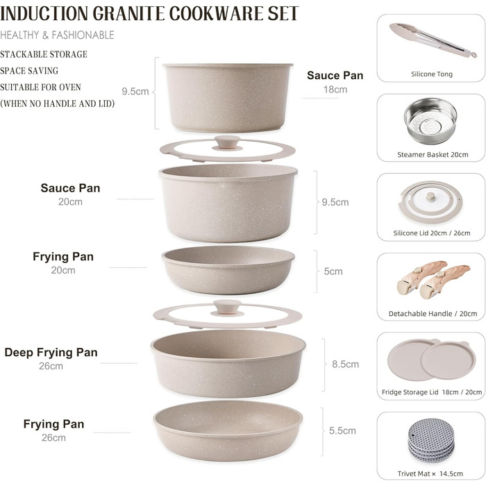 Набір посуду RIOVARM з індукційним дном, 15 предметів: каструлі та сковороди з антипригарним гранітним покриттям та знімними ручками, кришки з силікону. Без PFOA.