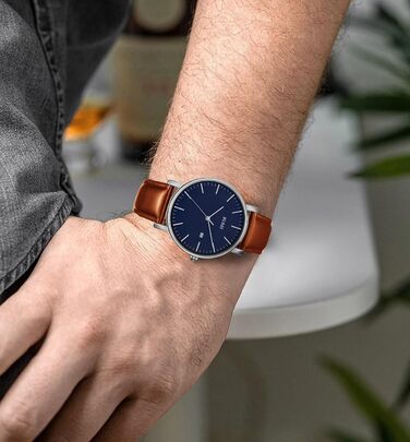 Годинник чоловічий BUREI Ultra тонкий аналоговий з датою, кварцовий механізм Japan, подарунок для чоловіків (срібло, шкіряний ремінець)